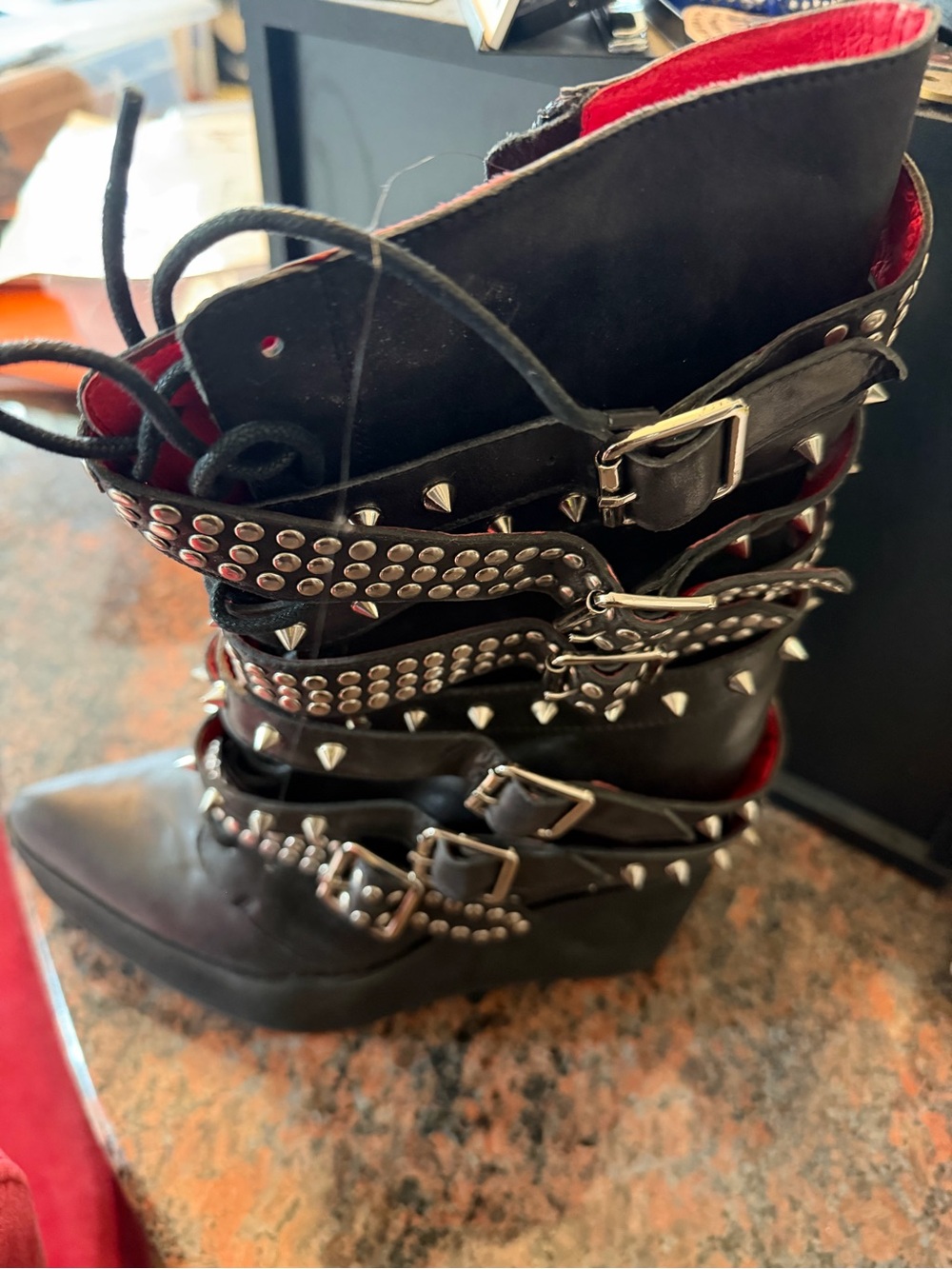 Black Studded Buckle Wedge Boots - Women
